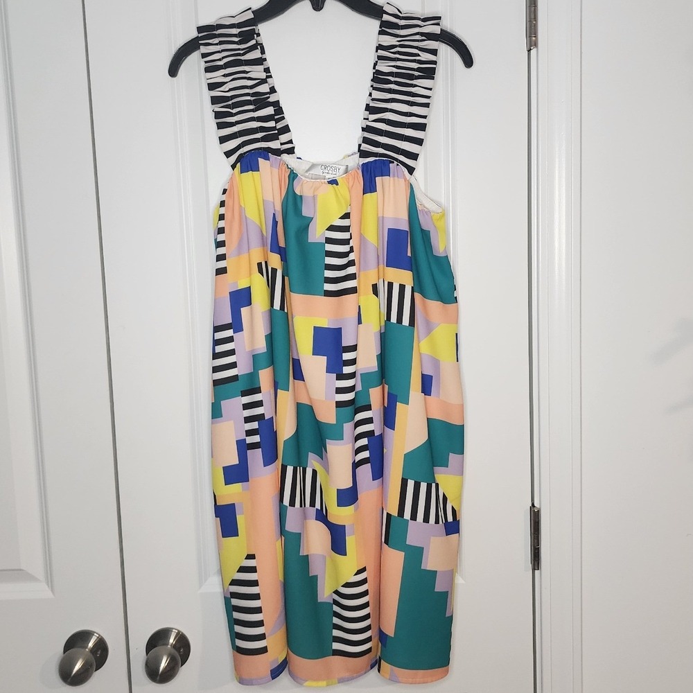Crosby by Mollie Burch Geometric Abstract Multi Color Ruffle Strap Mini Dress M